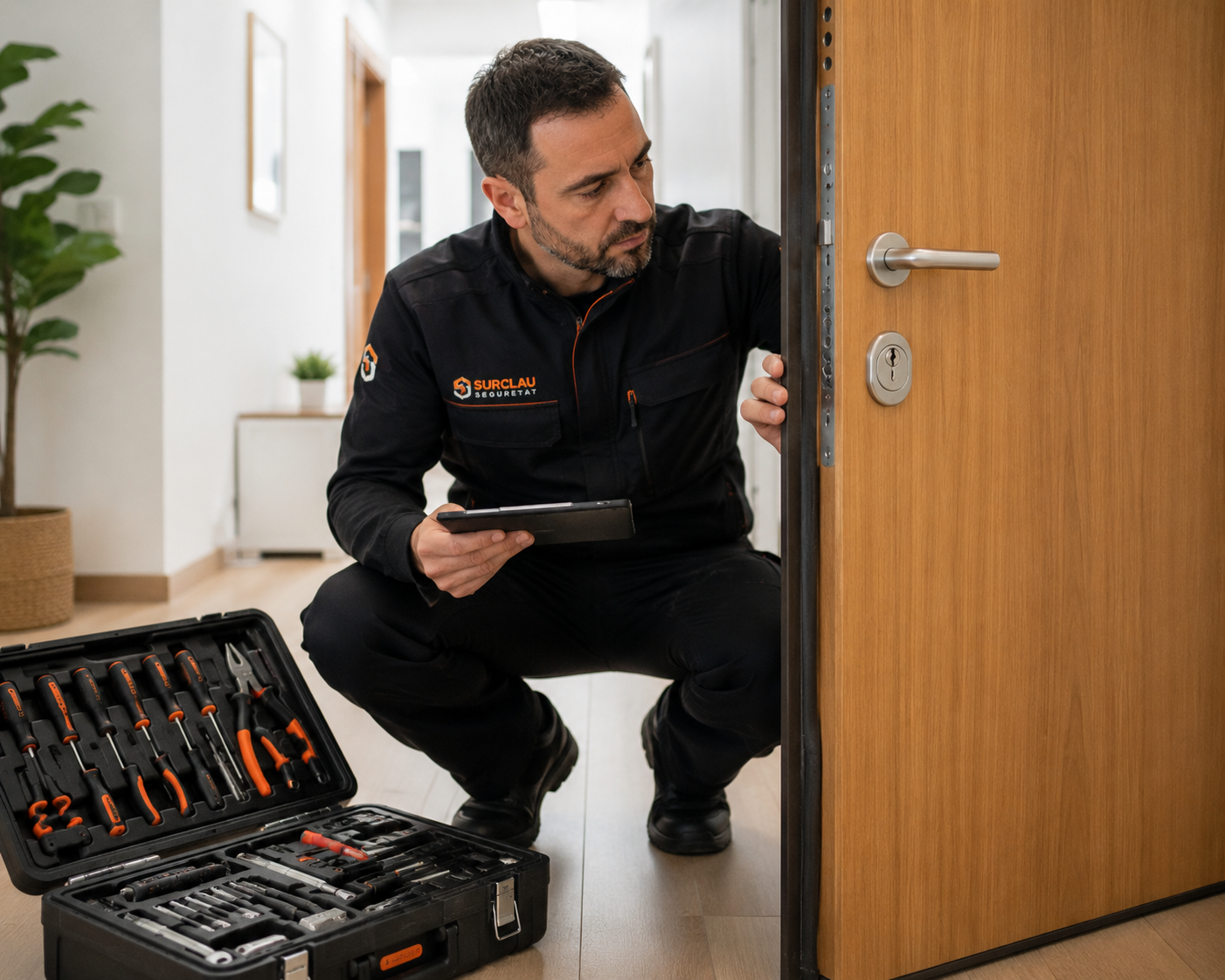 Profesional de seguridad residencial revisando una puerta con cerradura de perfil europeo en una vivienda