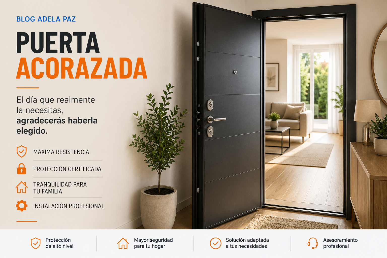 Puerta acorazada de alta seguridad instalada en una vivienda con asesoramiento profesional para mejorar la protección del hogar.